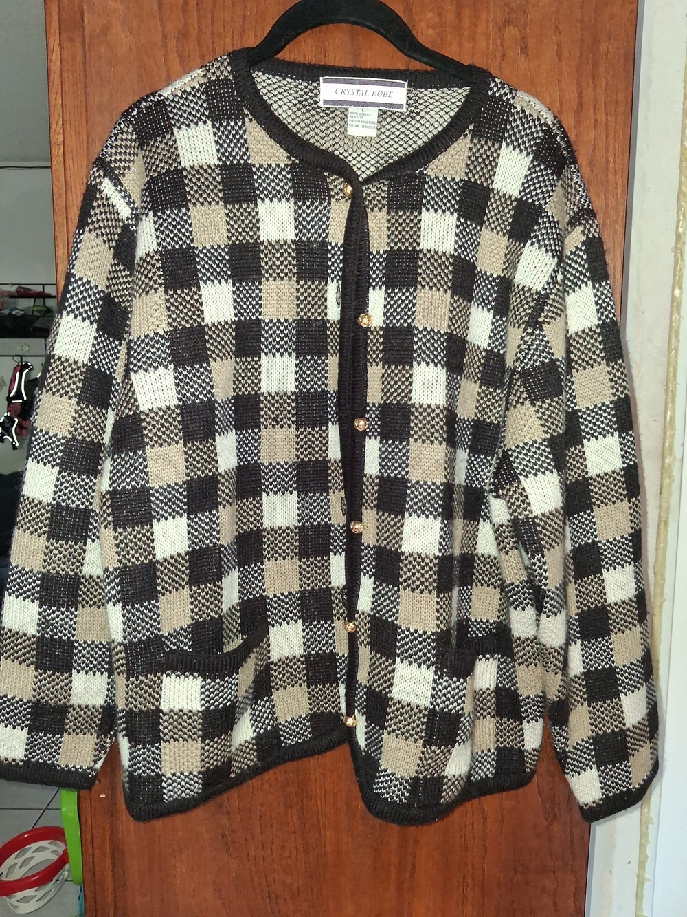 Women's Plaid Knit Cardigan - Black, Cream & Tan